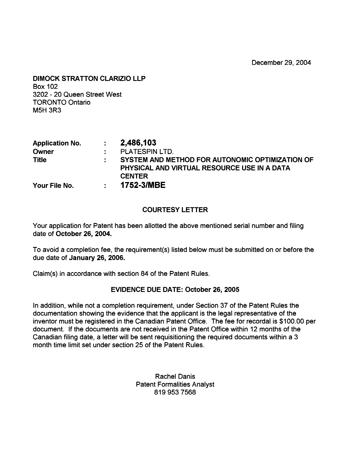 Document de brevet canadien 2486103. Correspondance 20041222. Image 1 de 1