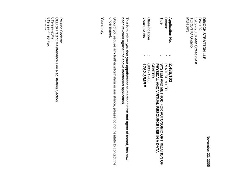 Document de brevet canadien 2486103. Correspondance 20051122. Image 1 de 1
