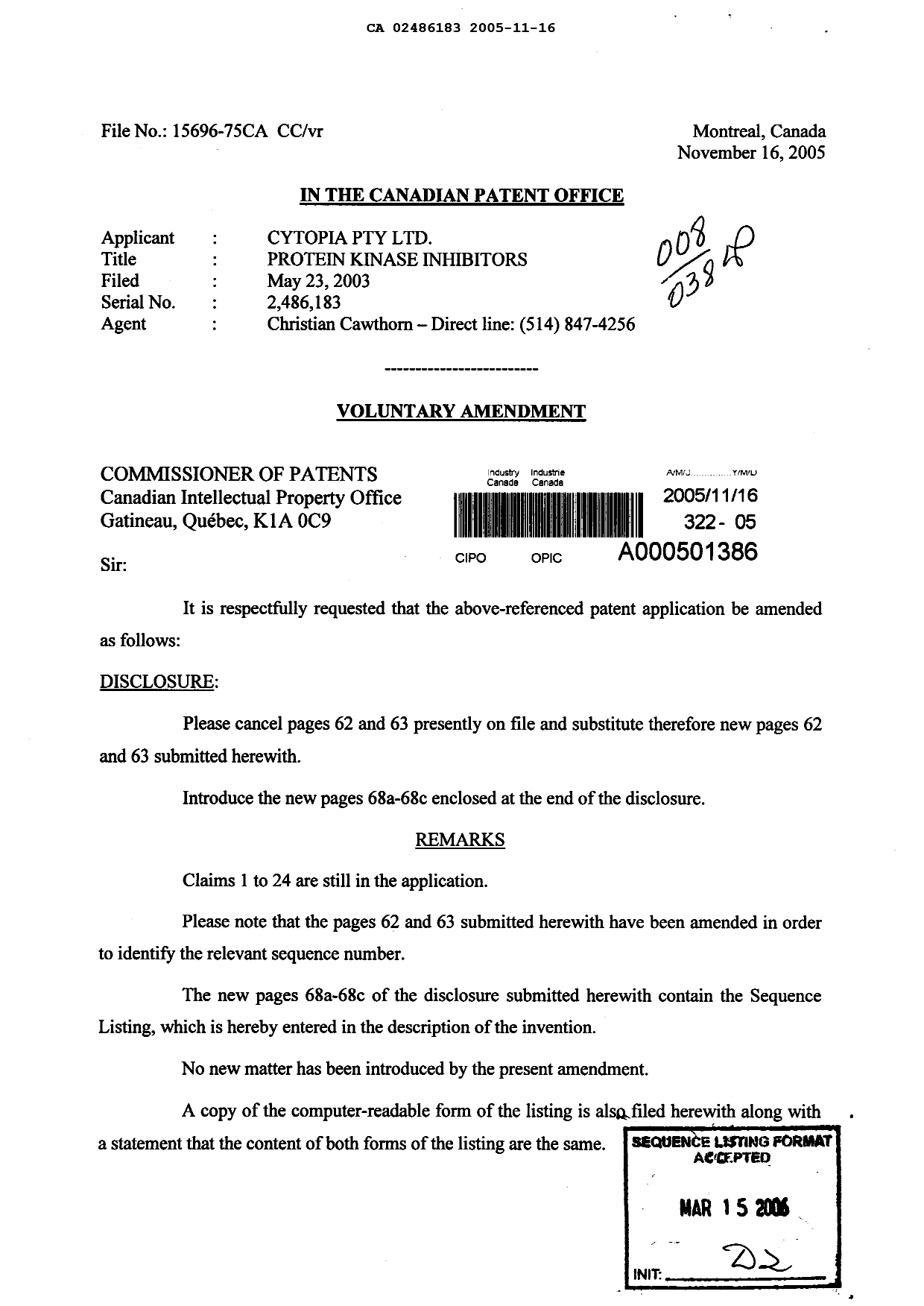 Document de brevet canadien 2486183. Poursuite-Amendment 20051116. Image 1 de 8