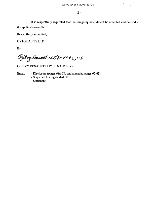 Document de brevet canadien 2486183. Poursuite-Amendment 20051116. Image 2 de 8