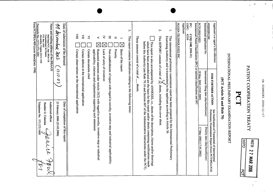 Document de brevet canadien 2486283. PCT 20041117. Image 1 de 8