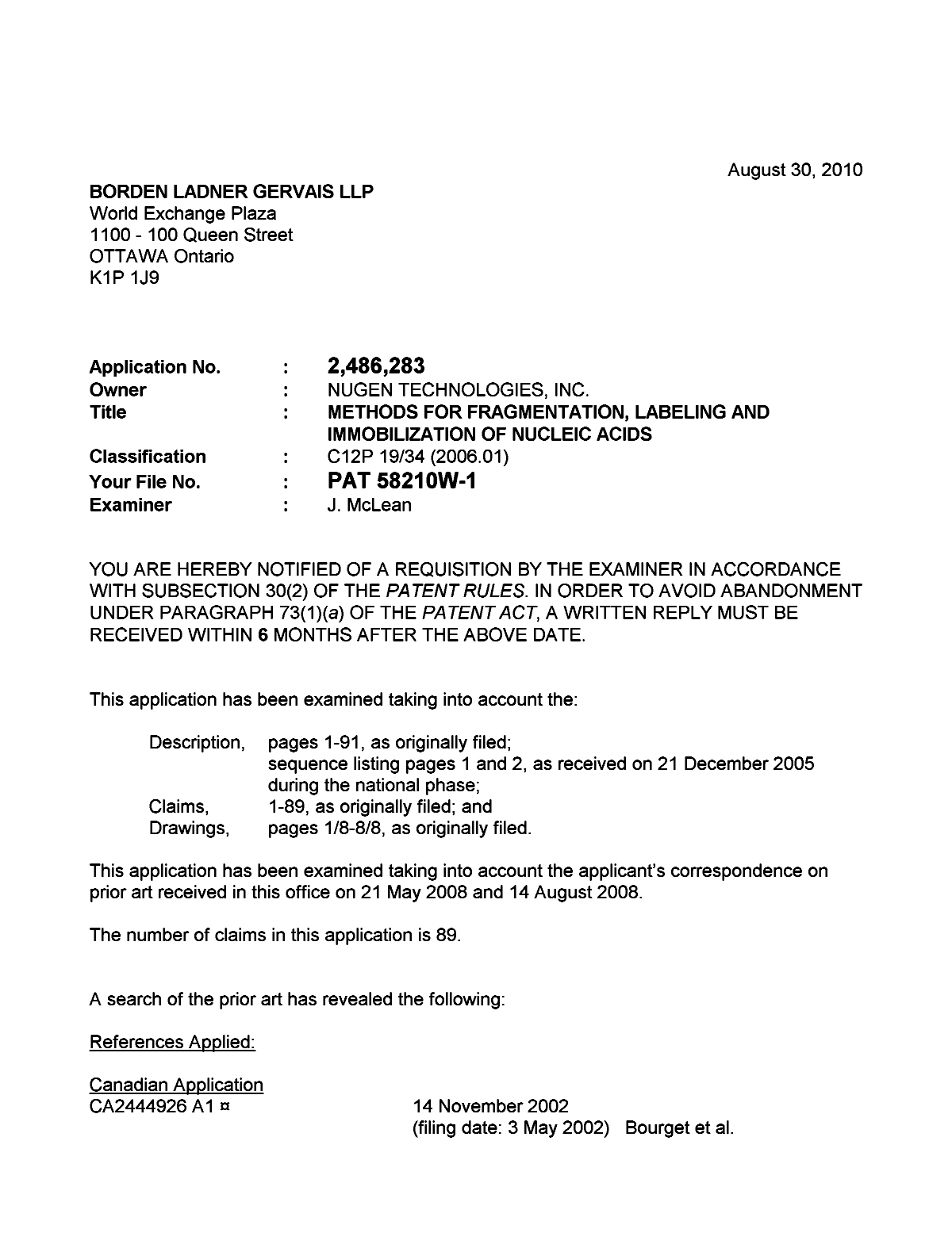 Canadian Patent Document 2486283. Prosecution-Amendment 20100830. Image 1 of 6