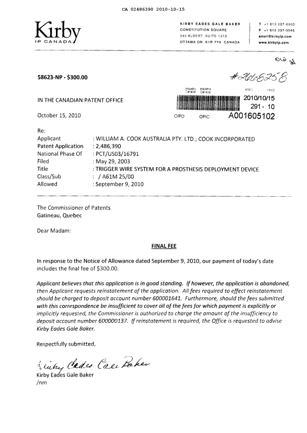 Document de brevet canadien 2486390. Correspondance 20101015. Image 1 de 1
