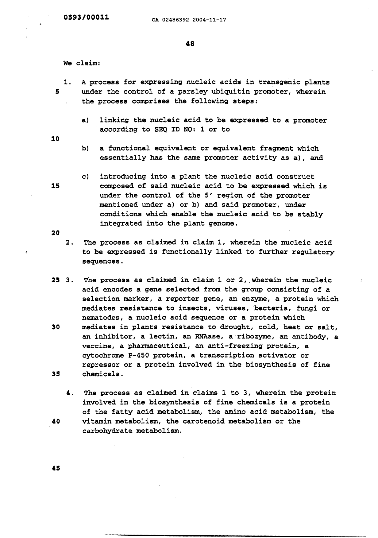Document de brevet canadien 2486392. Revendications 20041117. Image 1 de 4