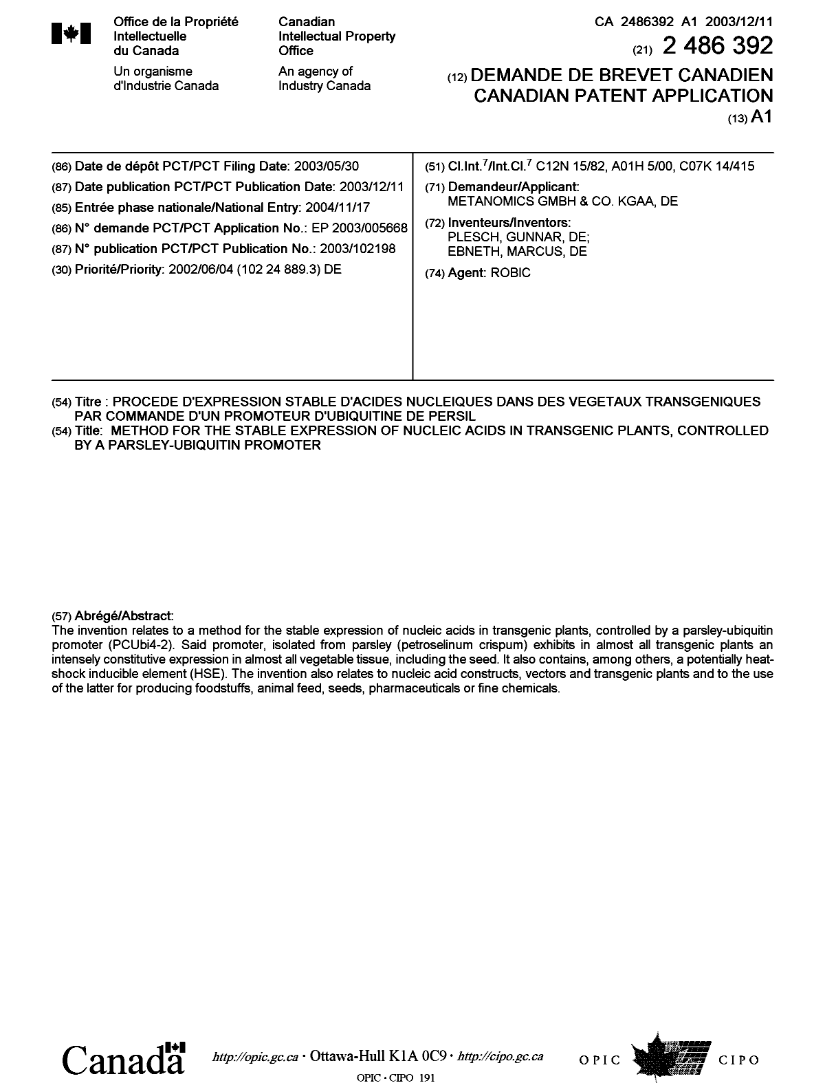 Document de brevet canadien 2486392. Page couverture 20050210. Image 1 de 1