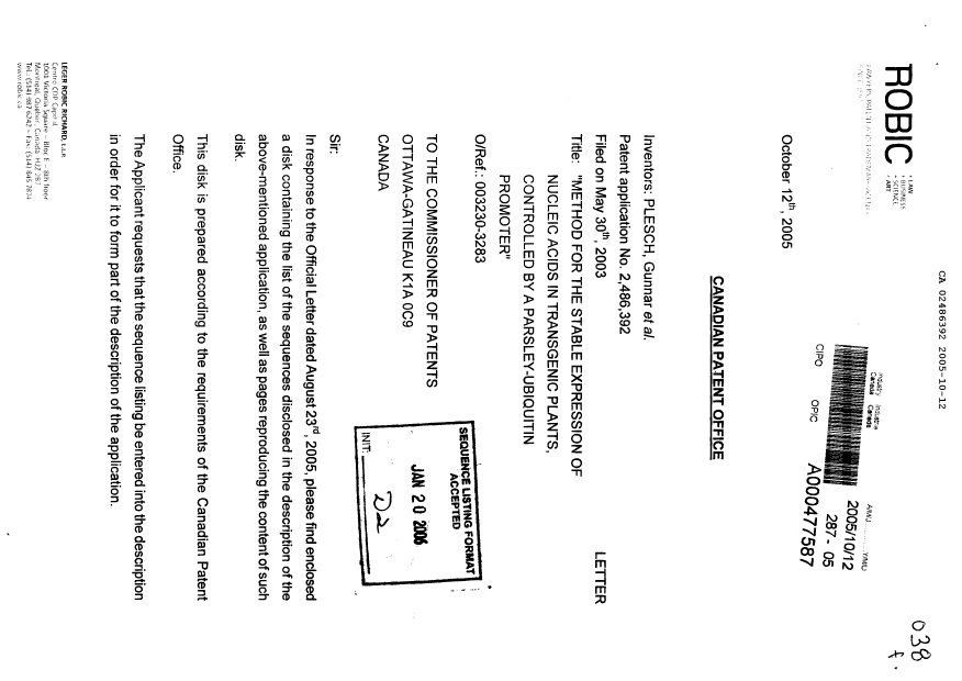 Canadian Patent Document 2486392. Prosecution-Amendment 20051012. Image 1 of 15