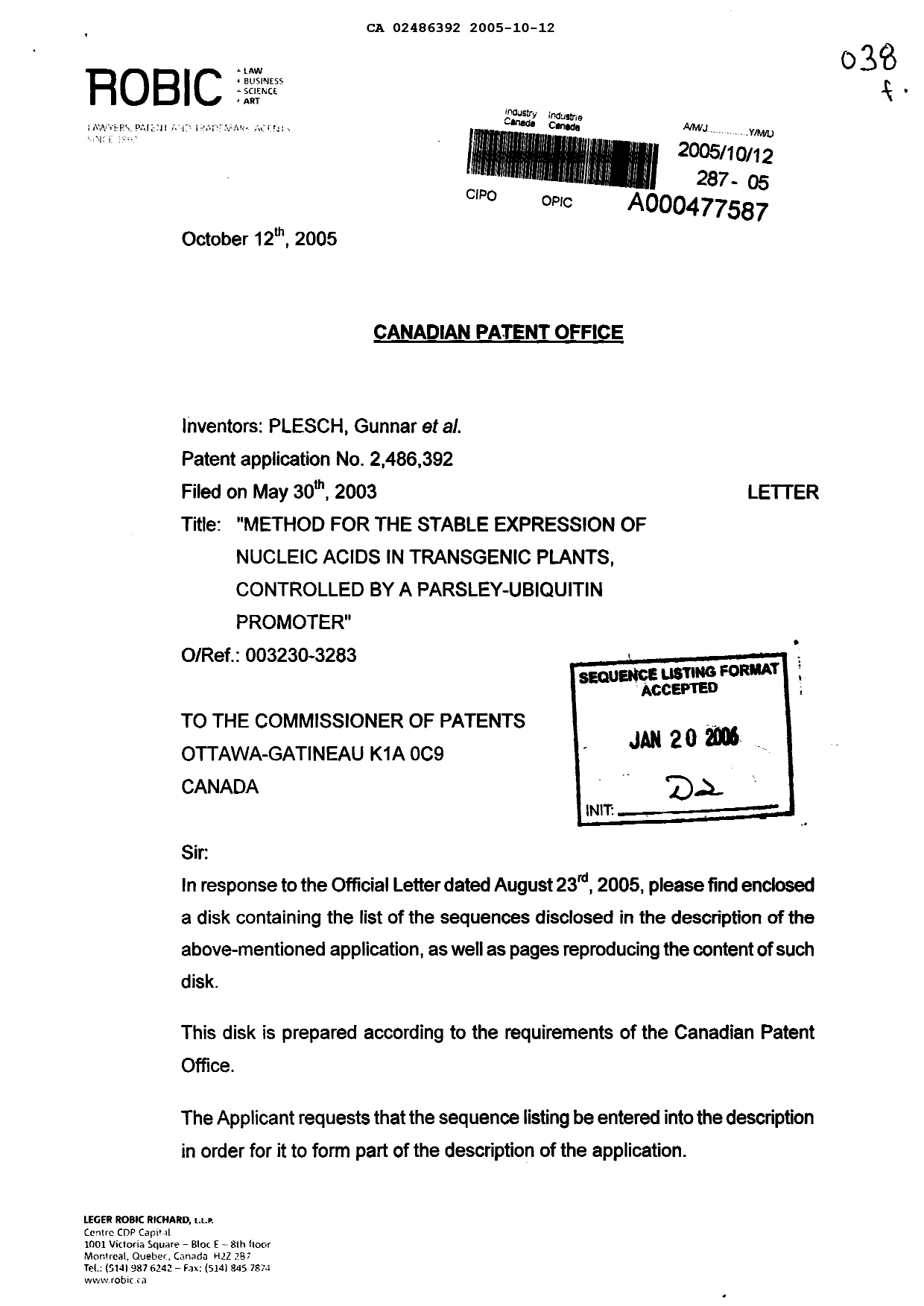 Document de brevet canadien 2486392. Poursuite-Amendment 20051012. Image 1 de 15