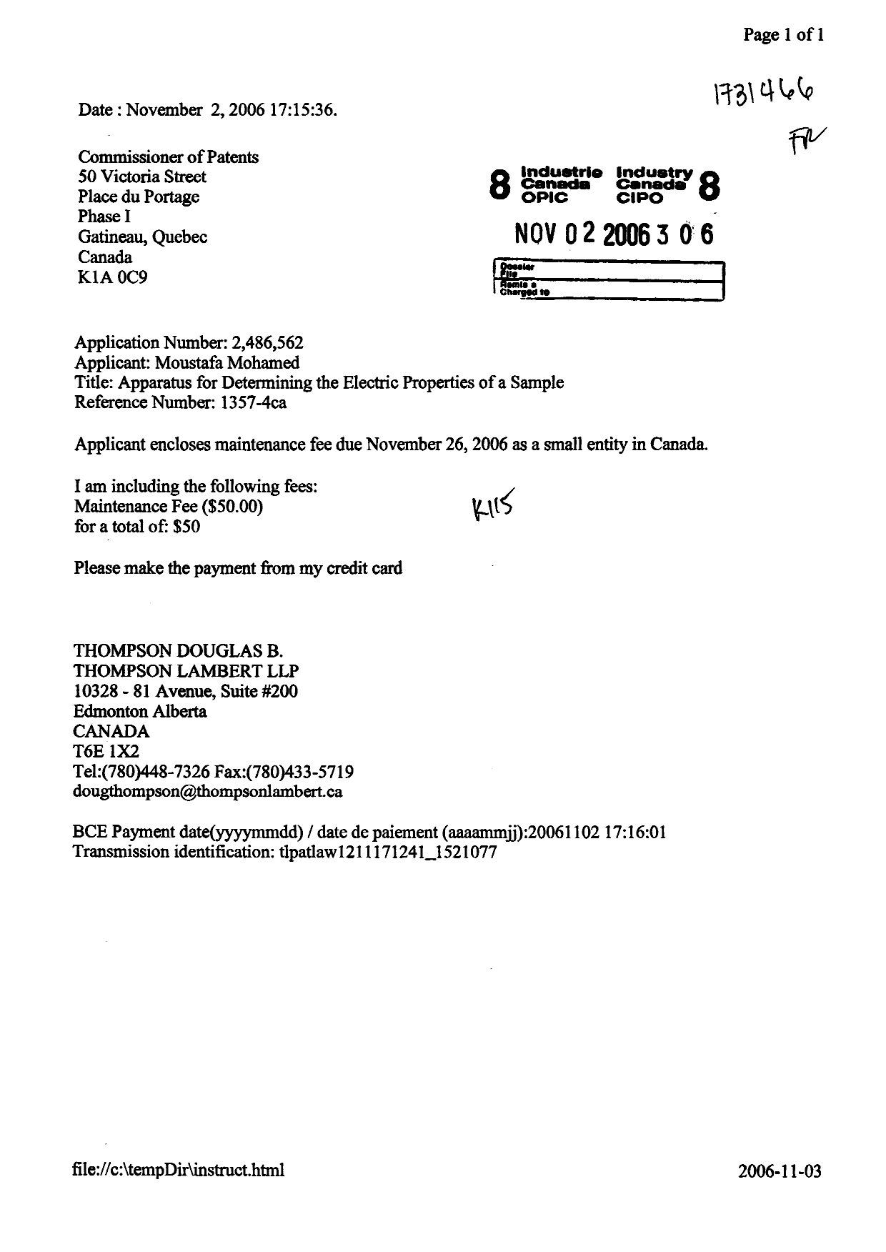 Document de brevet canadien 2486562. Taxes 20061102. Image 1 de 1