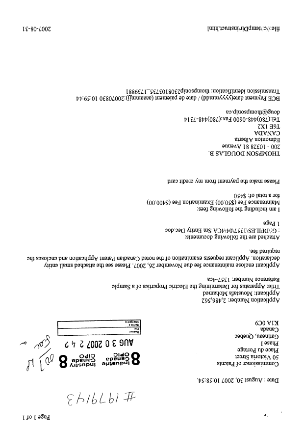 Document de brevet canadien 2486562. Taxes 20070830. Image 1 de 1