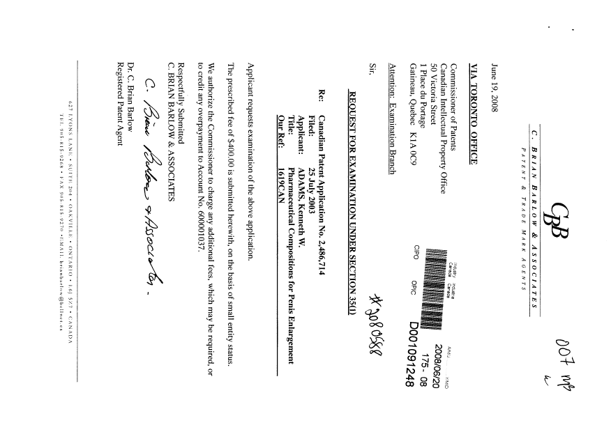 Document de brevet canadien 2486714. Poursuite-Amendment 20080620. Image 1 de 1