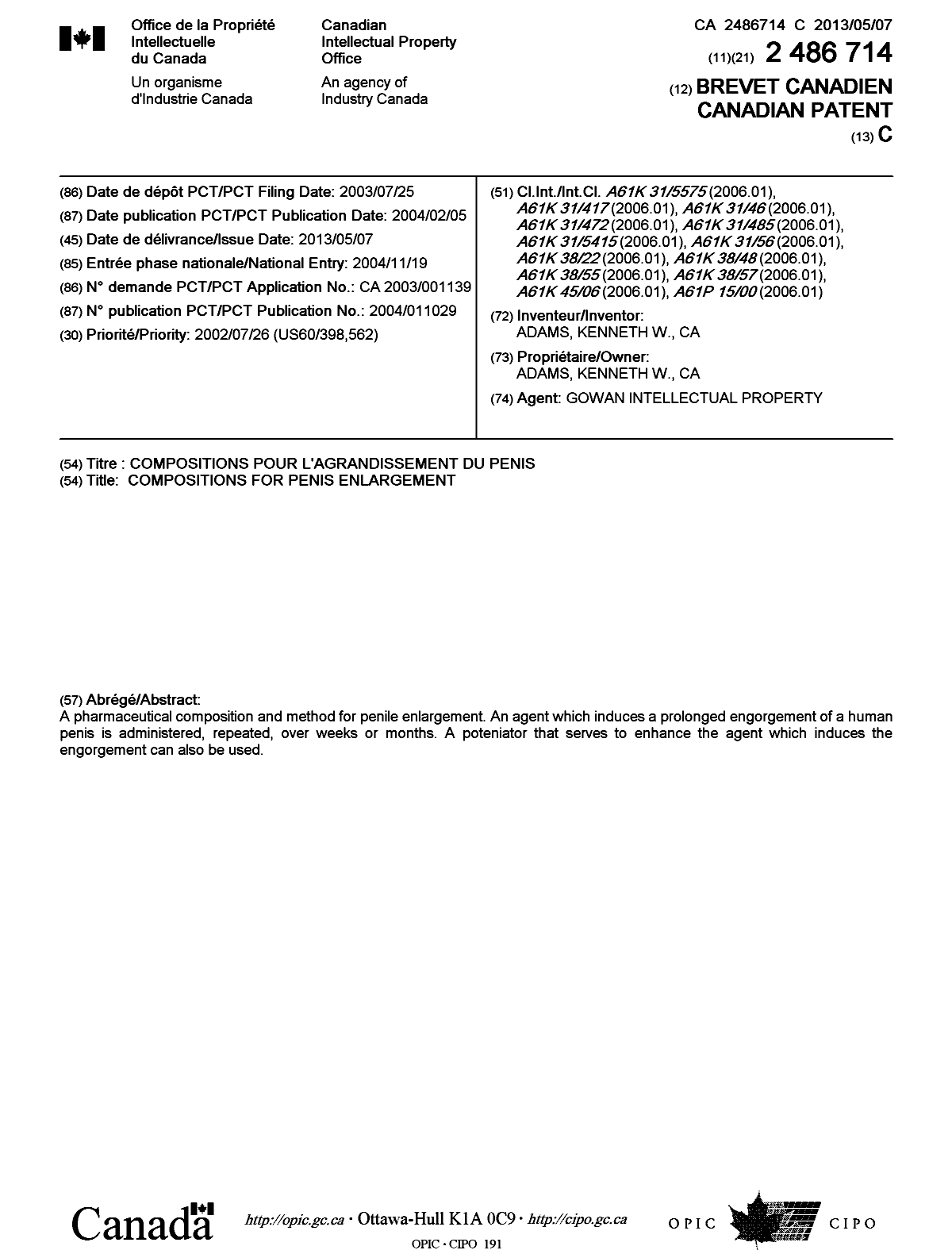 Canadian Patent Document 2486714. Cover Page 20130416. Image 1 of 1