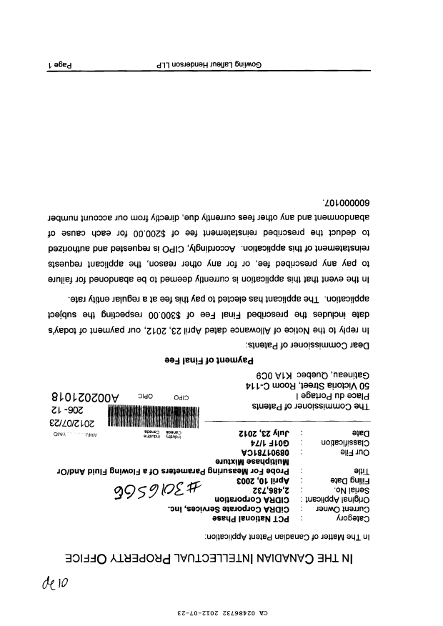 Canadian Patent Document 2486732. Correspondence 20120723. Image 1 of 2