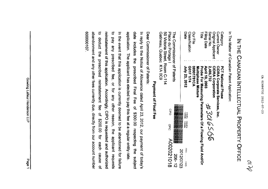 Document de brevet canadien 2486732. Correspondance 20120723. Image 1 de 2