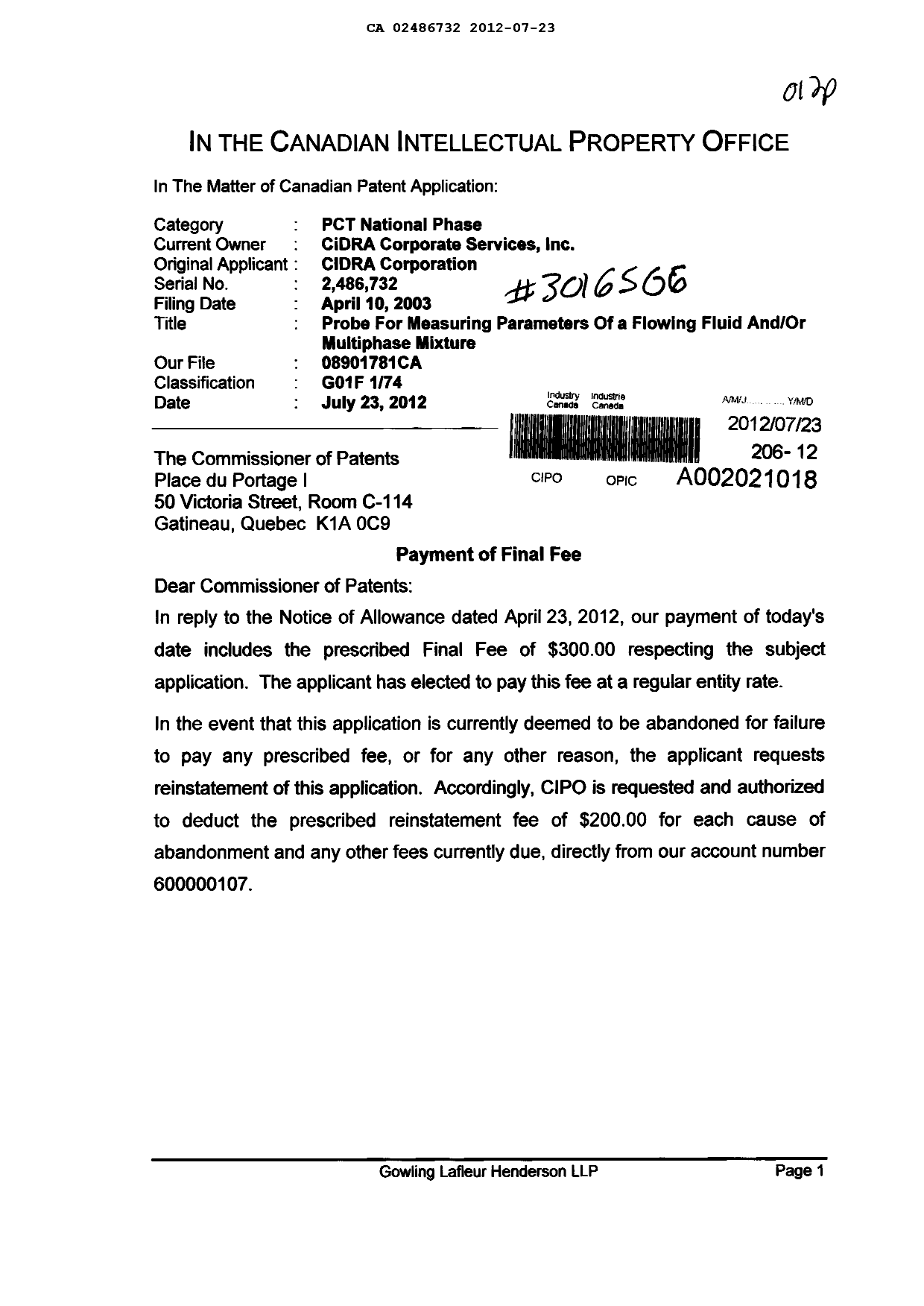 Document de brevet canadien 2486732. Correspondance 20120723. Image 1 de 2