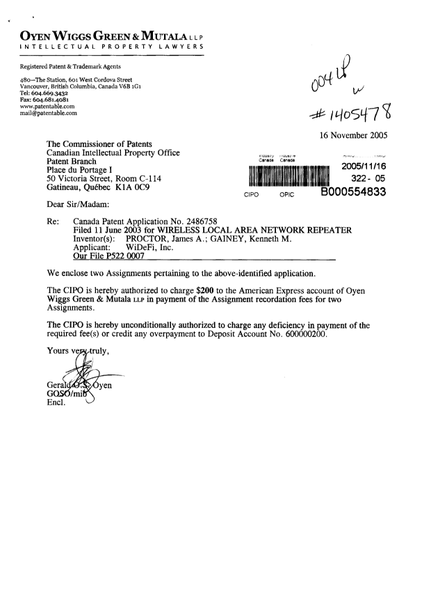 Document de brevet canadien 2486758. Cession 20051116. Image 1 de 3