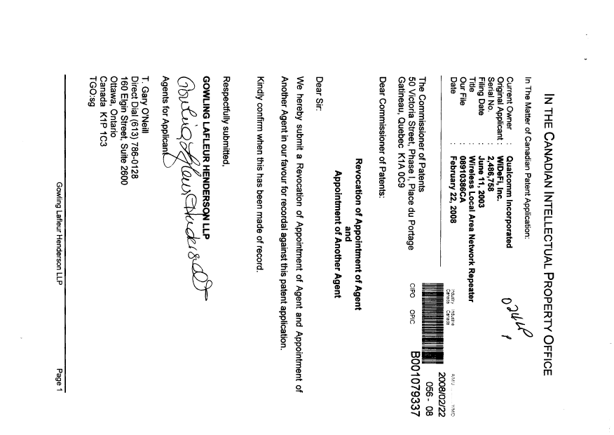 Document de brevet canadien 2486758. Correspondance 20080222. Image 1 de 2