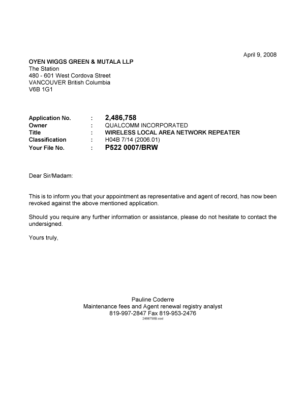 Document de brevet canadien 2486758. Correspondance 20080409. Image 1 de 1