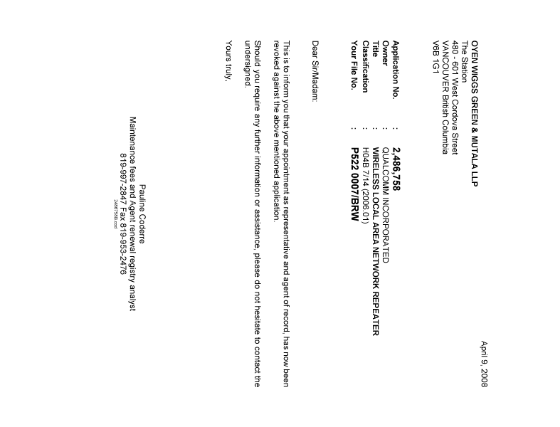 Canadian Patent Document 2486758. Correspondence 20080409. Image 1 of 1
