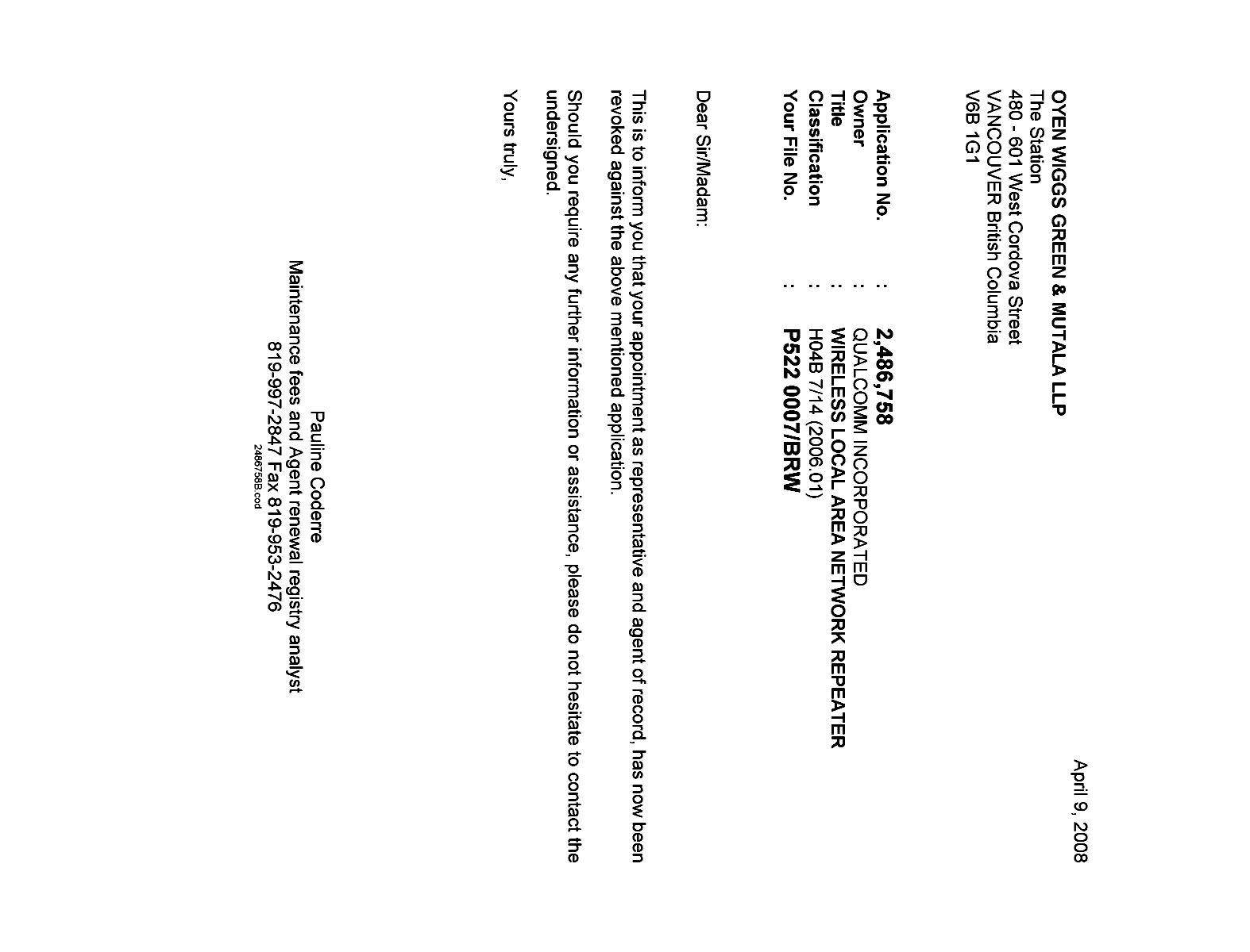 Canadian Patent Document 2486758. Correspondence 20080409. Image 1 of 1