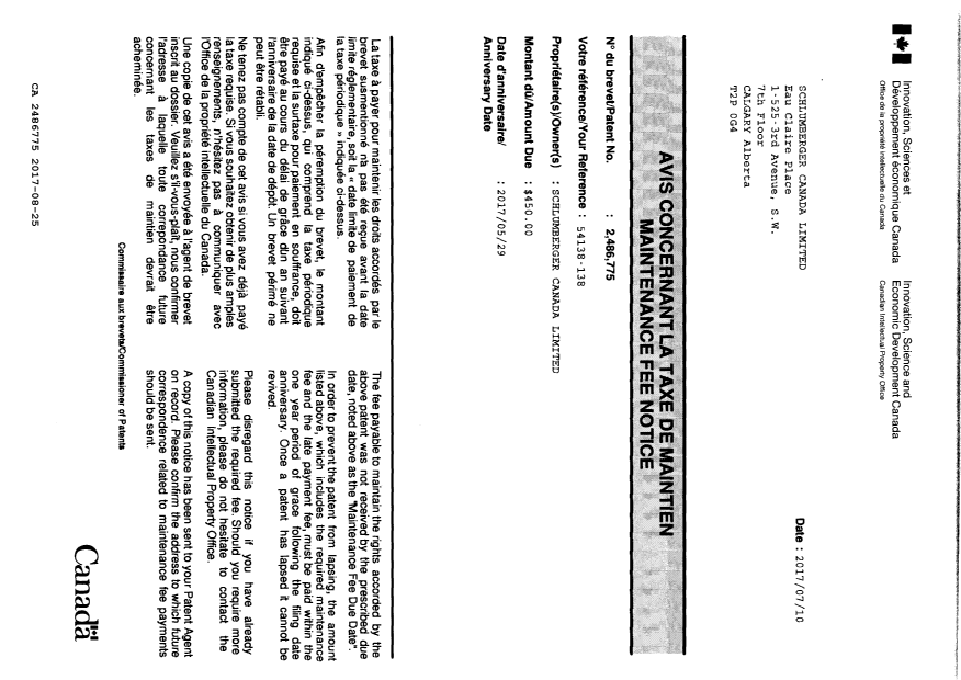 Document de brevet canadien 2486775. Divers correspondance 20170825. Image 1 de 2