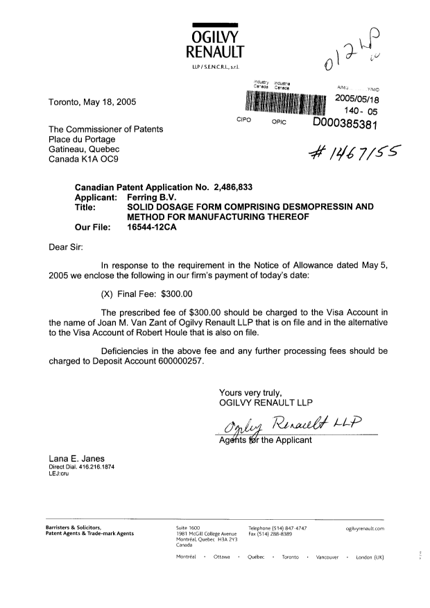 Canadian Patent Document 2486833. Correspondence 20050518. Image 1 of 1