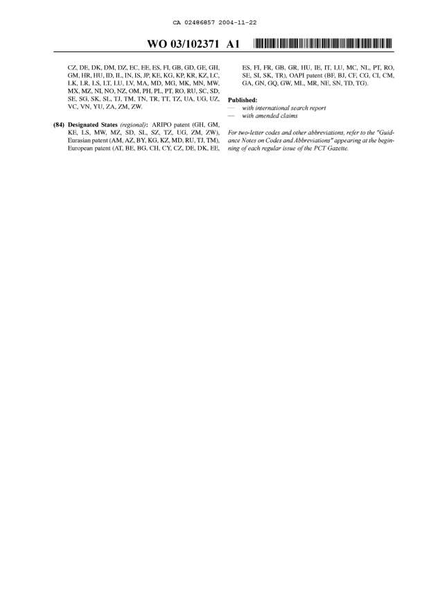 Document de brevet canadien 2486857. Abrégé 20041122. Image 2 de 2