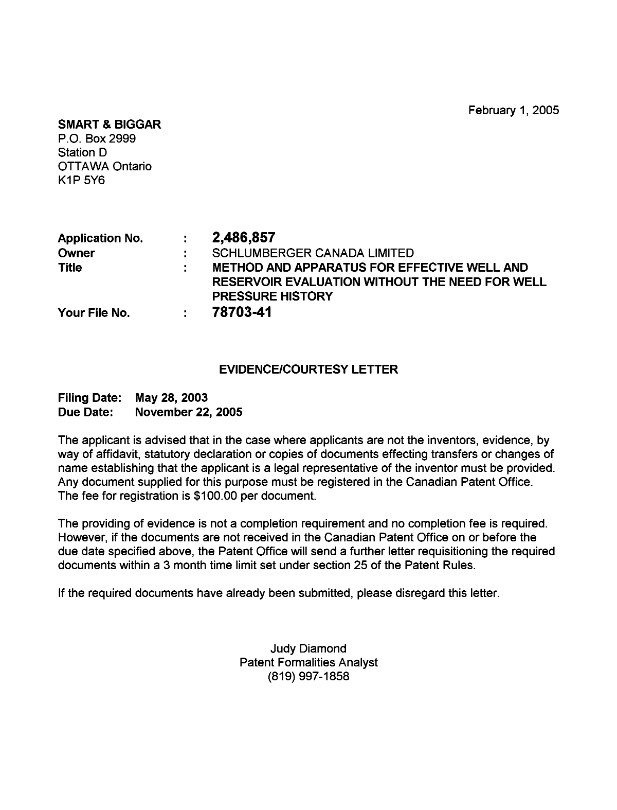 Document de brevet canadien 2486857. Correspondance 20050129. Image 1 de 1