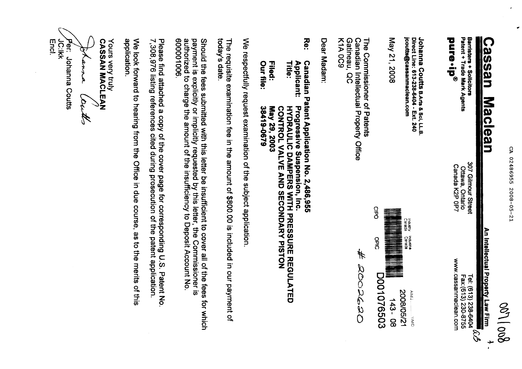 Canadian Patent Document 2486955. Prosecution-Amendment 20080521. Image 1 of 1