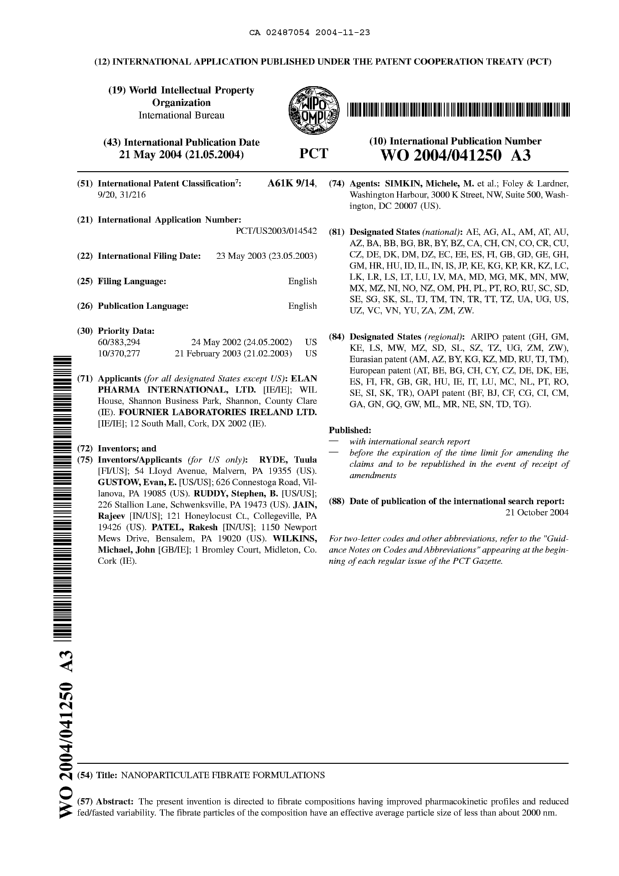 Document de brevet canadien 2487054. Abrégé 20041123. Image 1 de 1
