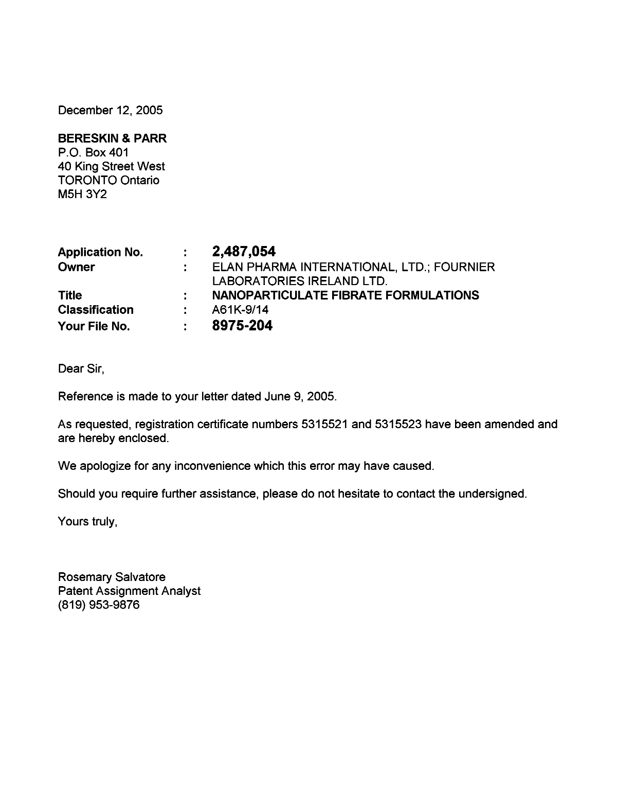 Document de brevet canadien 2487054. Correspondance 20051212. Image 1 de 1