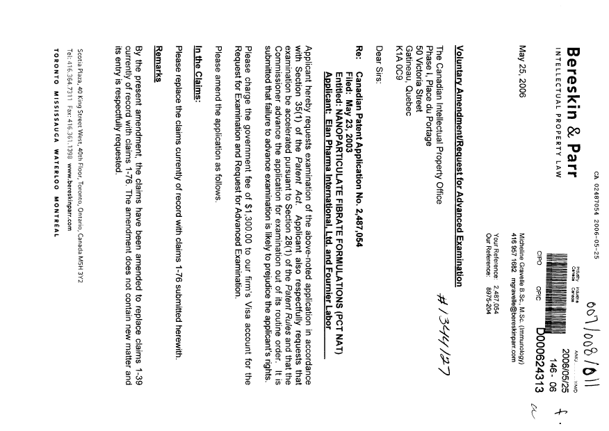 Document de brevet canadien 2487054. Poursuite-Amendment 20060525. Image 1 de 17