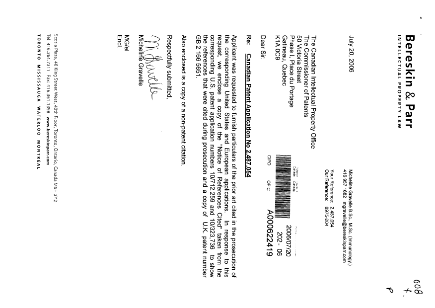 Canadian Patent Document 2487054. Prosecution-Amendment 20060720. Image 1 of 1