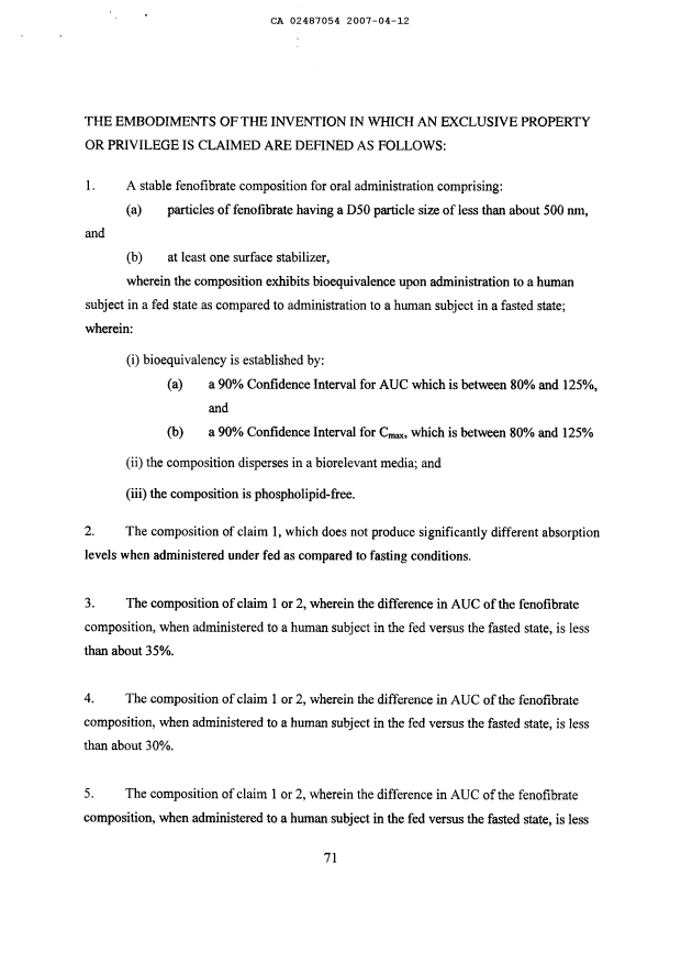 Document de brevet canadien 2487054. Revendications 20070412. Image 1 de 11