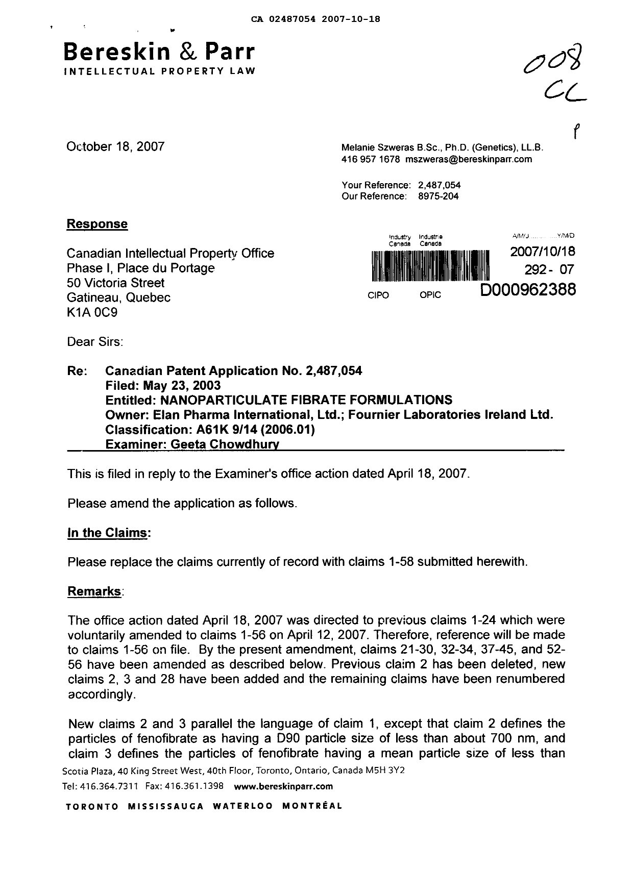 Canadian Patent Document 2487054. Prosecution-Amendment 20071018. Image 1 of 15
