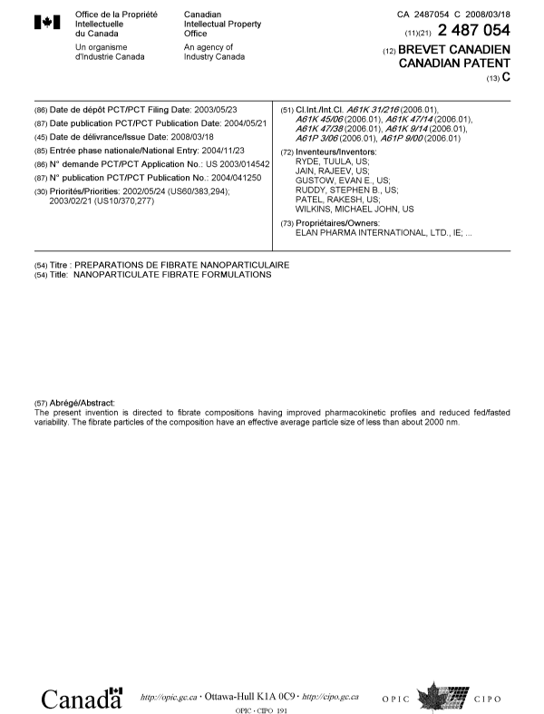 Document de brevet canadien 2487054. Page couverture 20080220. Image 1 de 2