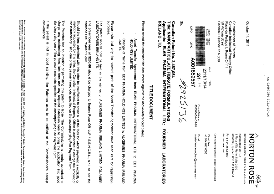Document de brevet canadien 2487054. Cession 20111014. Image 1 de 13