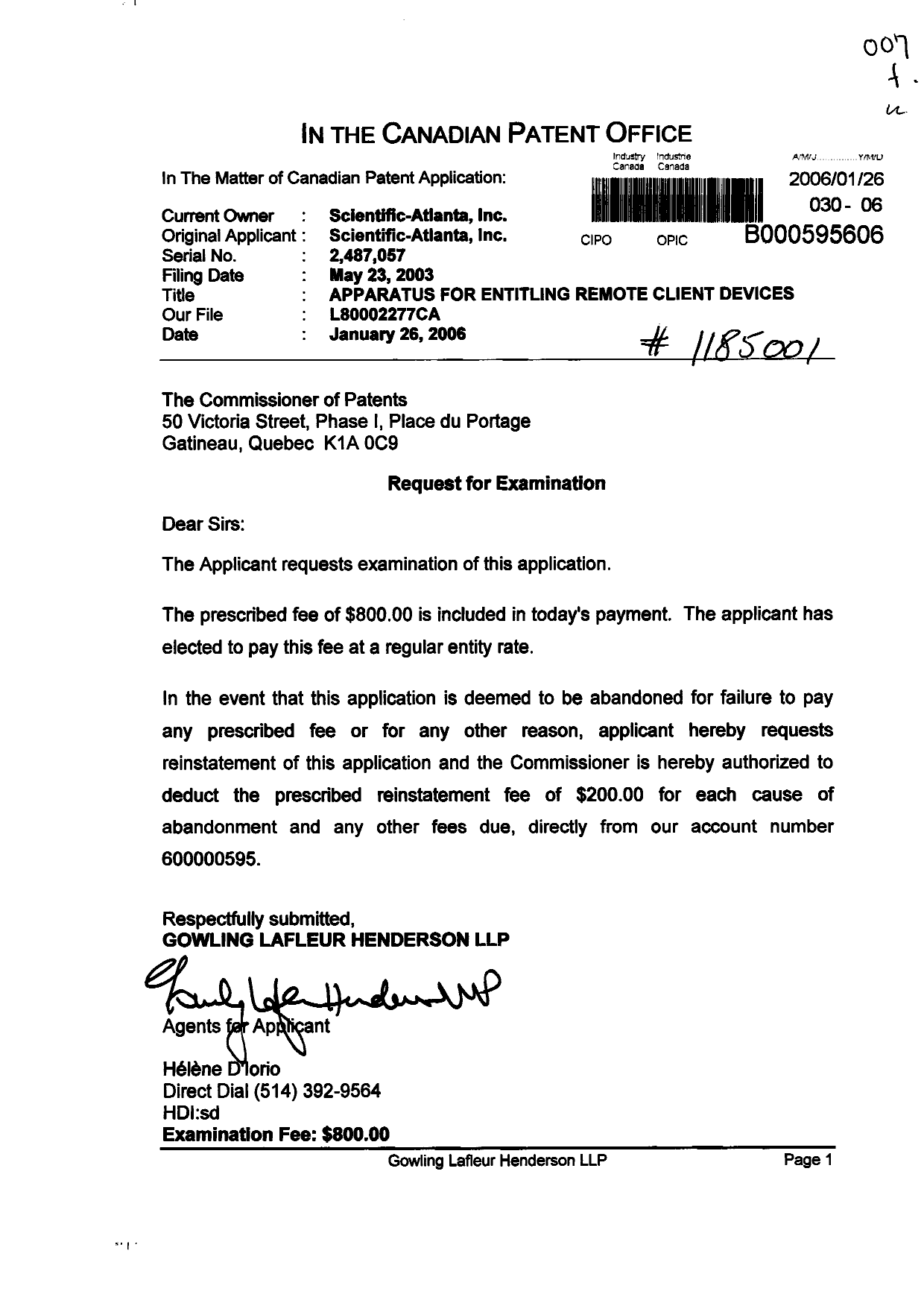 Document de brevet canadien 2487057. Poursuite-Amendment 20060126. Image 1 de 1