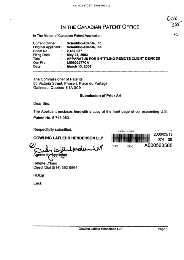 Canadian Patent Document 2487057. Prosecution-Amendment 20060313. Image 1 of 1