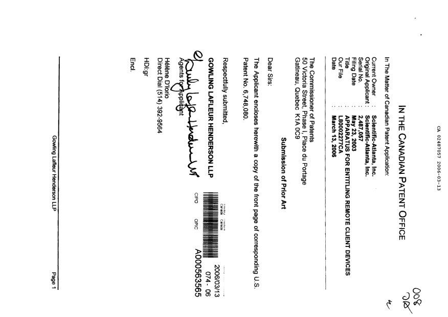 Document de brevet canadien 2487057. Poursuite-Amendment 20060313. Image 1 de 1