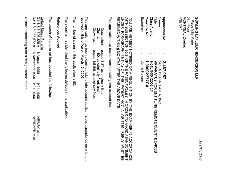 Document de brevet canadien 2487057. Poursuite-Amendment 20080731. Image 1 de 2
