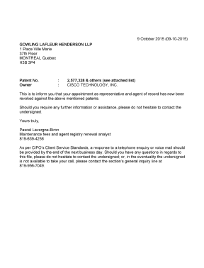 Document de brevet canadien 2487057. Lettre du bureau 20151009. Image 1 de 6