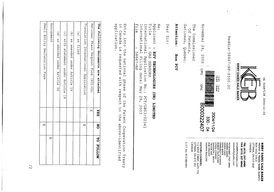 Document de brevet canadien 2487138. Cession 20041124. Image 1 de 4