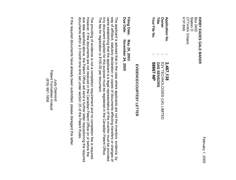 Document de brevet canadien 2487138. Correspondance 20050131. Image 1 de 1