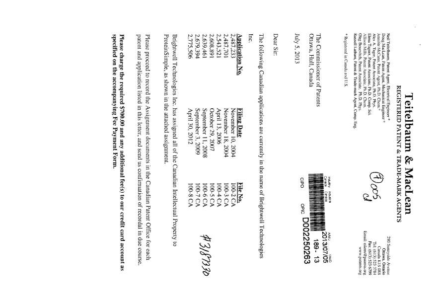 Document de brevet canadien 2487233. Cession 20130705. Image 1 de 4