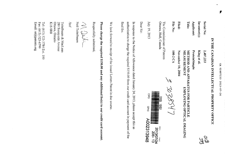 Document de brevet canadien 2487233. Correspondance 20130724. Image 1 de 1