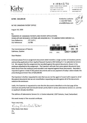 Document de brevet canadien 2487299. Cession 20080818. Image 1 de 12