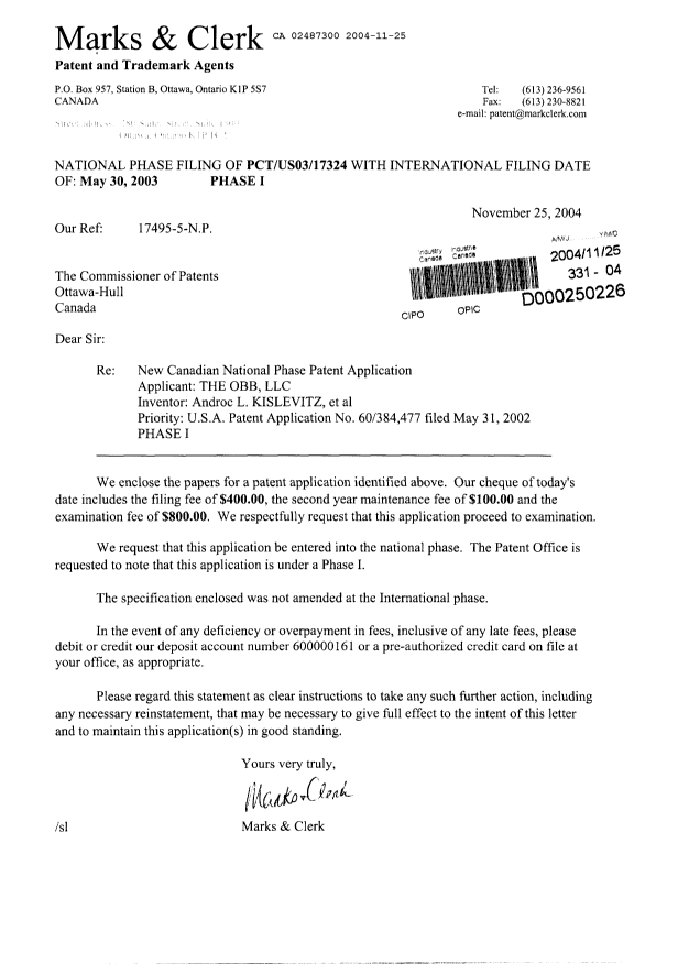 Document de brevet canadien 2487300. Cession 20041125. Image 1 de 2
