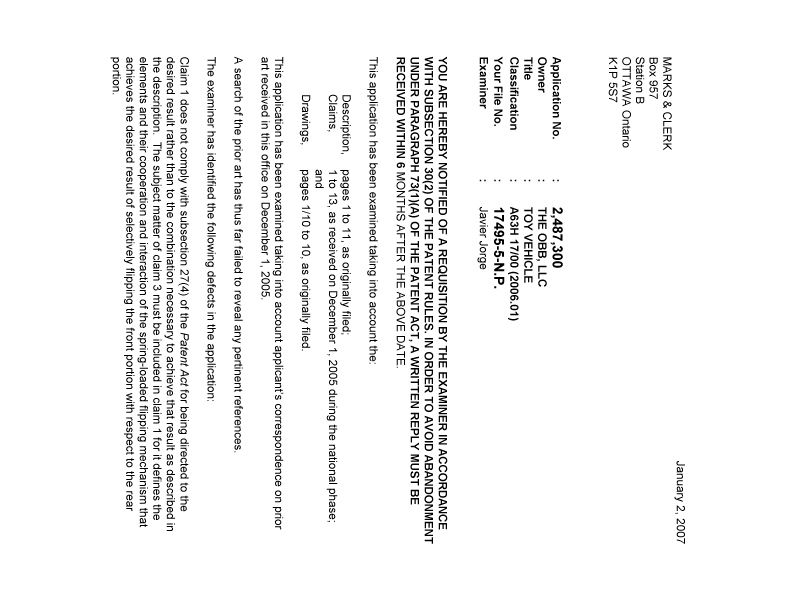 Canadian Patent Document 2487300. Prosecution-Amendment 20070102. Image 1 of 2