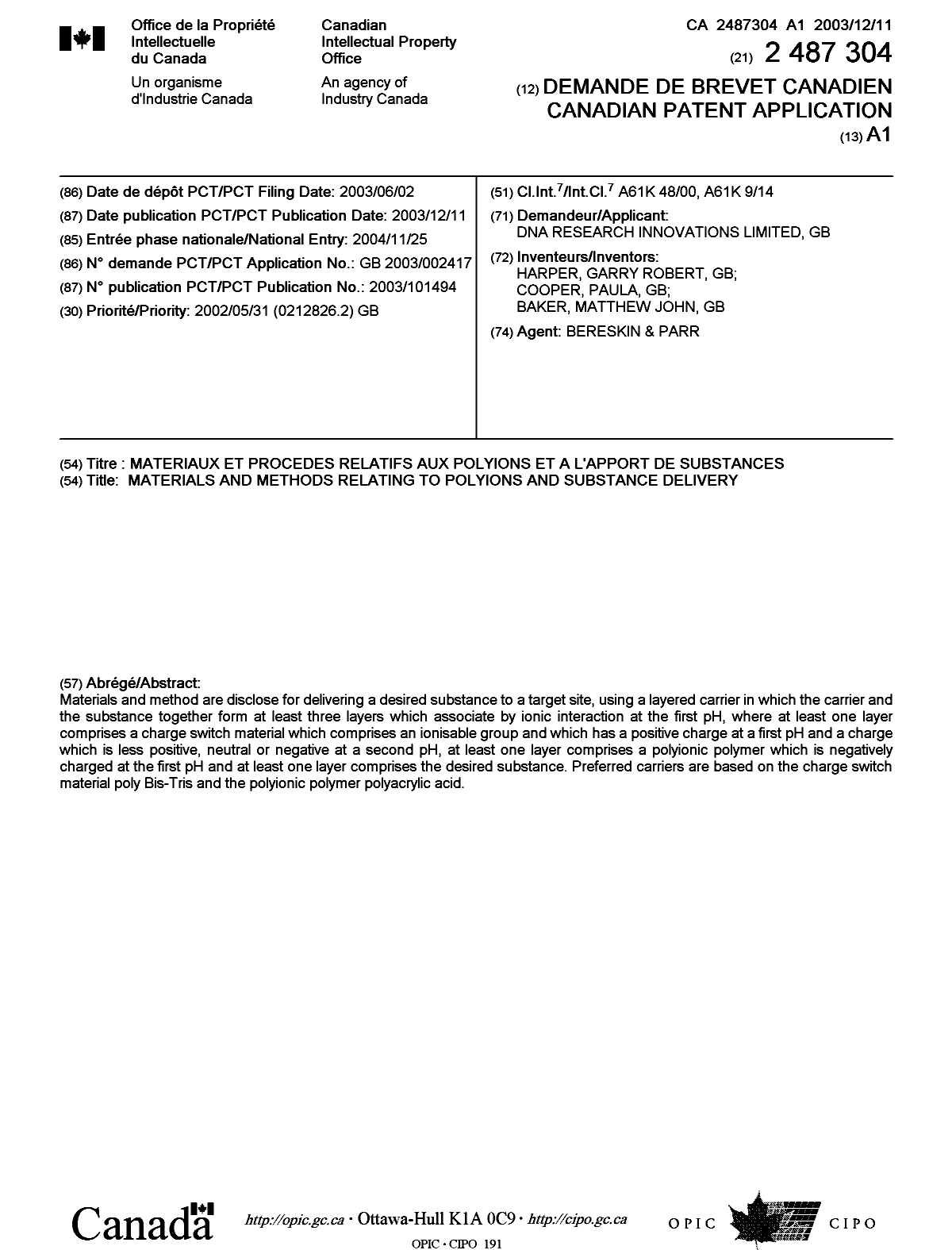 Document de brevet canadien 2487304. Page couverture 20050214. Image 1 de 1