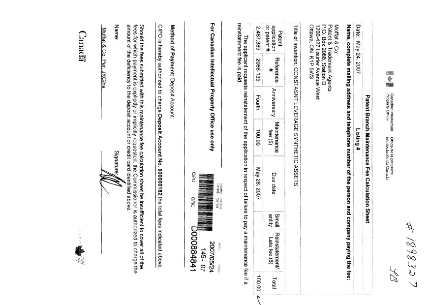 Document de brevet canadien 2487389. Taxes 20070524. Image 1 de 1